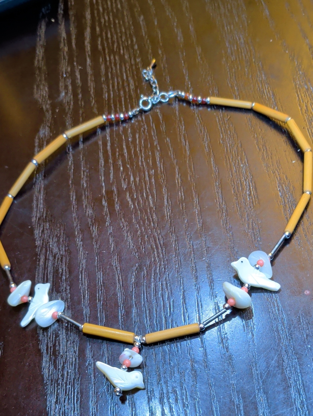 Native American Zuni Style Mother Of Pearl, Coral Beads, Bamboo Fetish Necklace